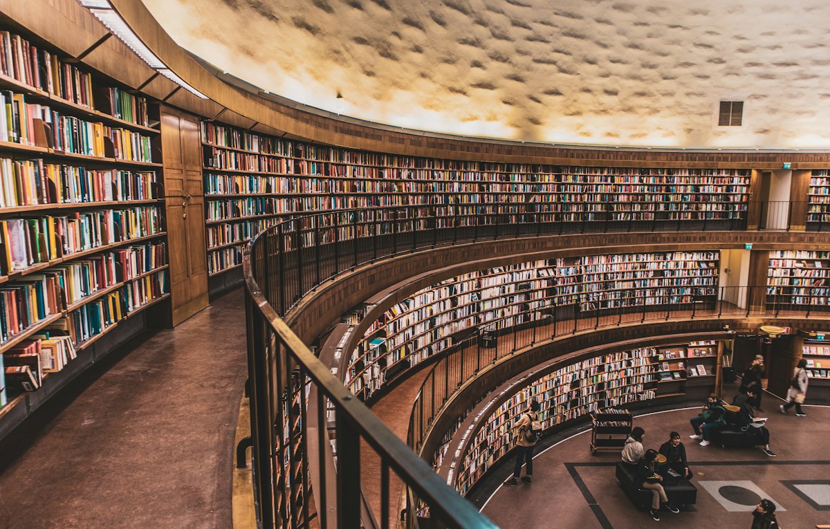 A large library with shelves of books